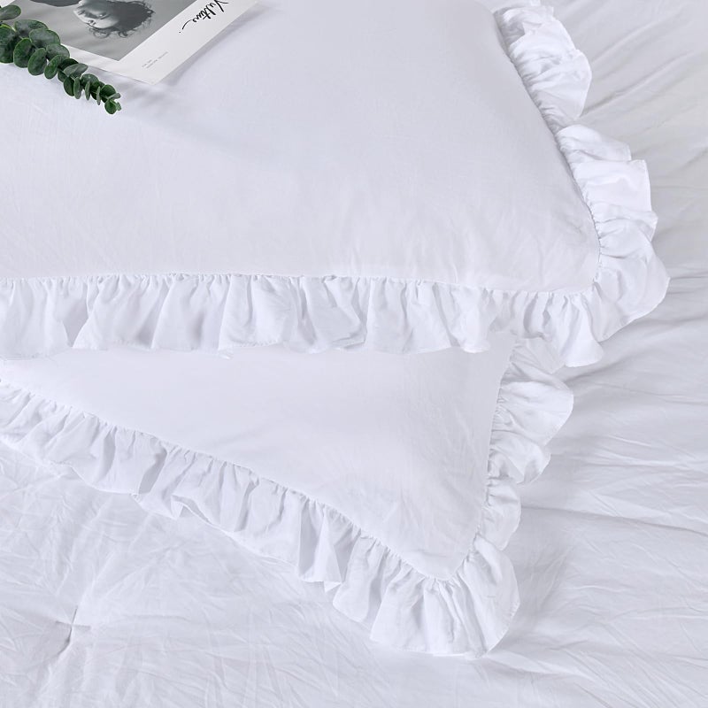 QSH Queen's House Ruffled Pillow Shams King White Shabby Set of 2 Farmhouse Pillowcases French Country Vintage Frilly Pillow Cover Polyester 20x36 - Image 2
